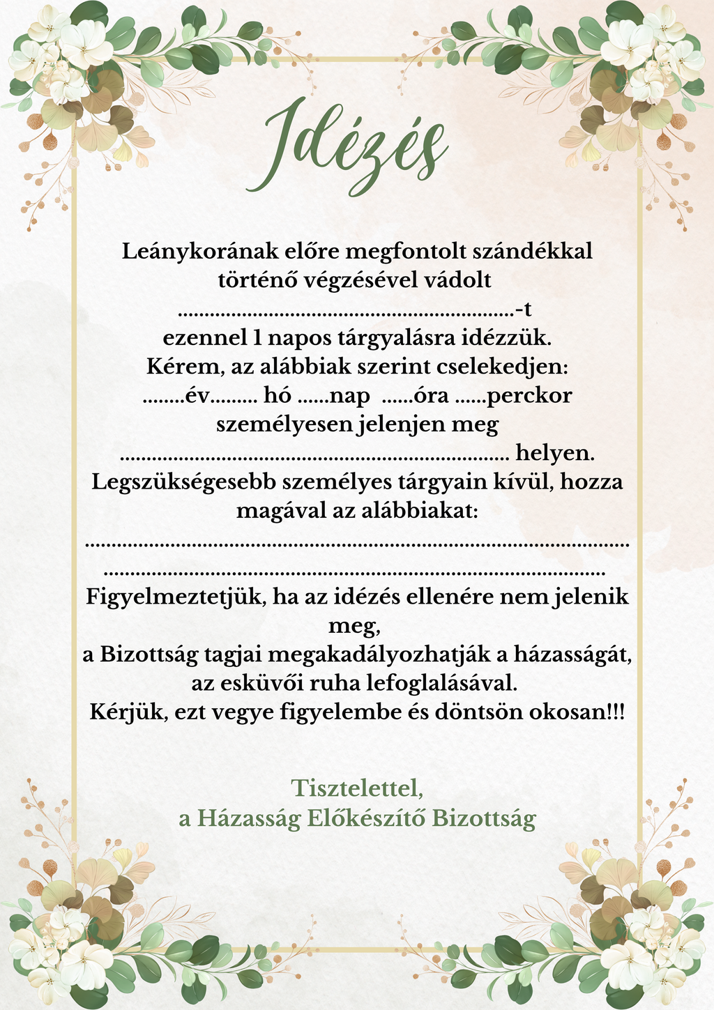 Fogadalom, oklevél stb. lánybúcsúra