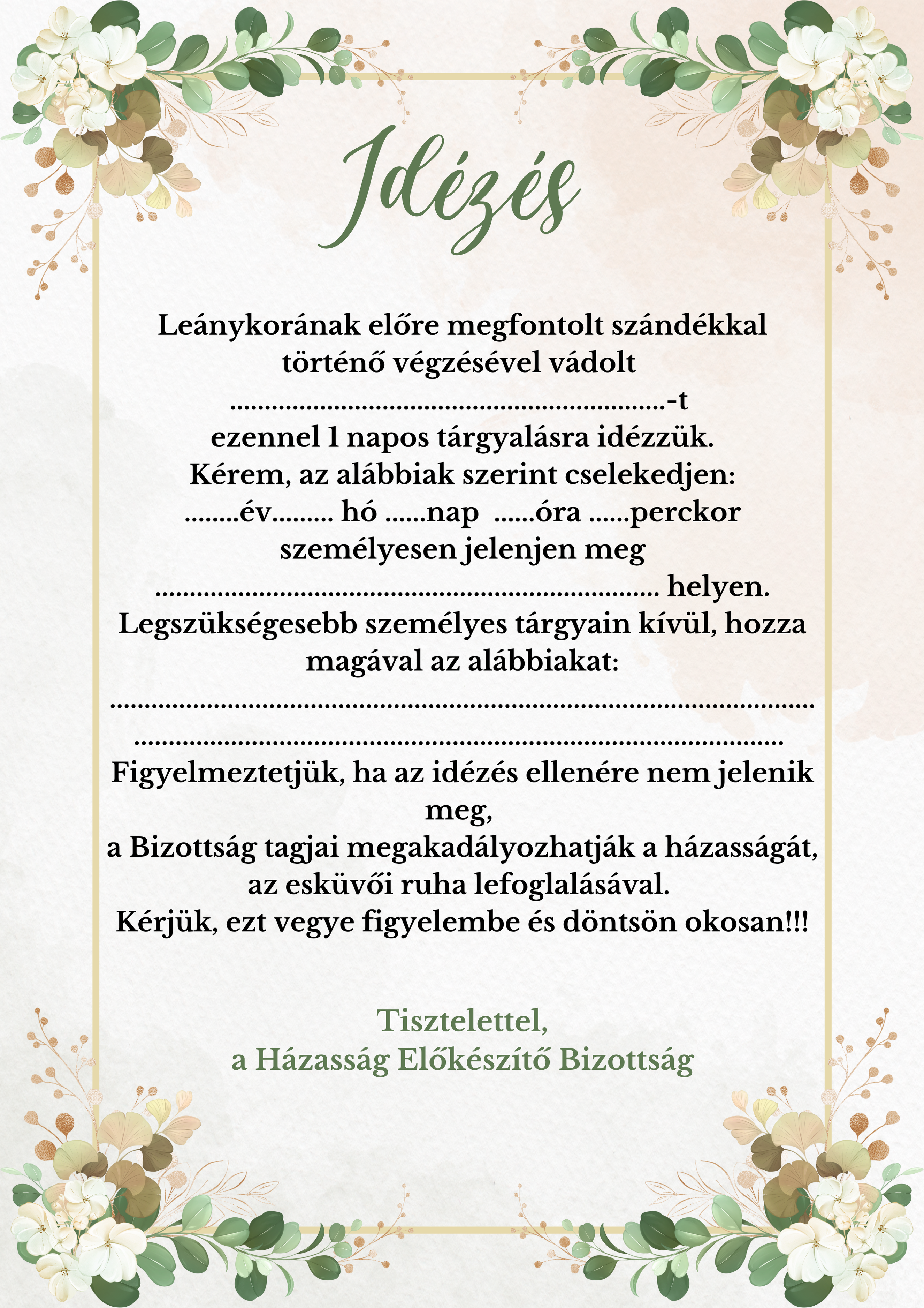Fogadalom, oklevél stb. lánybúcsúra
