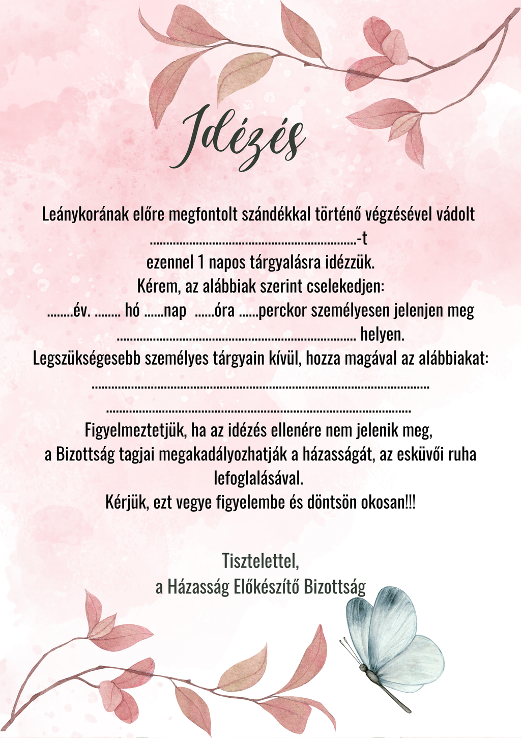 Fogadalom, oklevél stb. lánybúcsúra