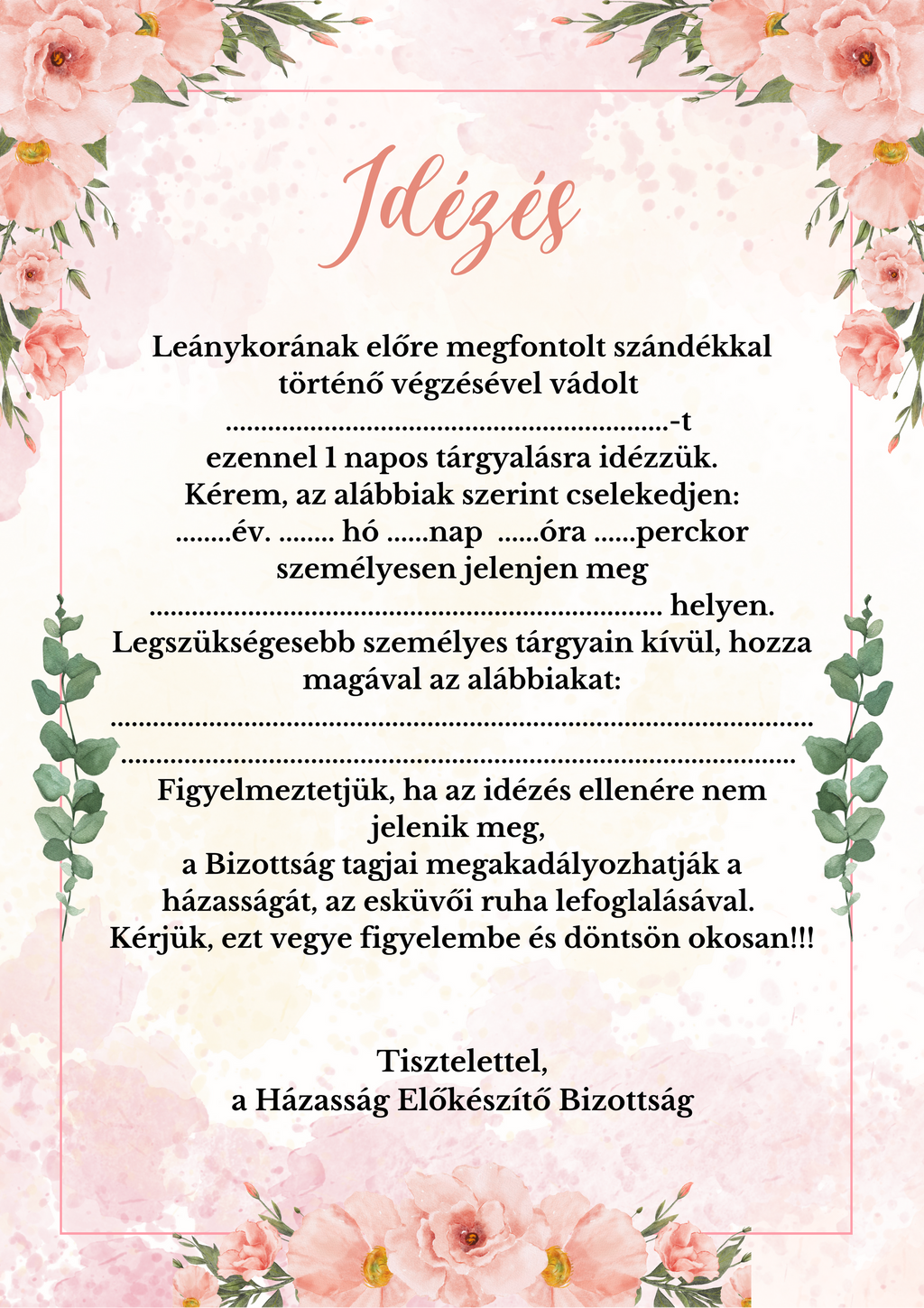 Fogadalom, oklevél stb. lánybúcsúra