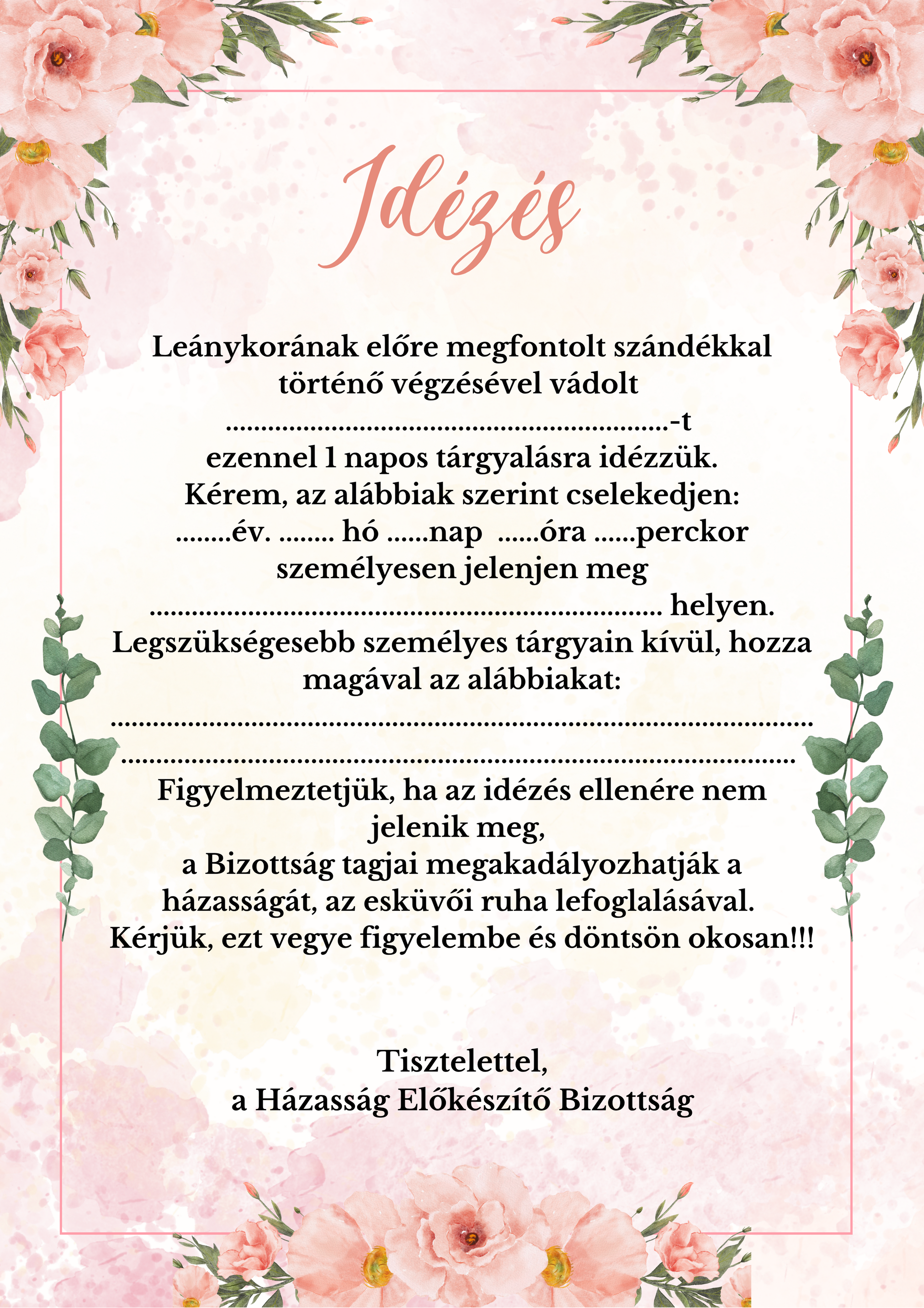 Fogadalom, oklevél stb. lánybúcsúra