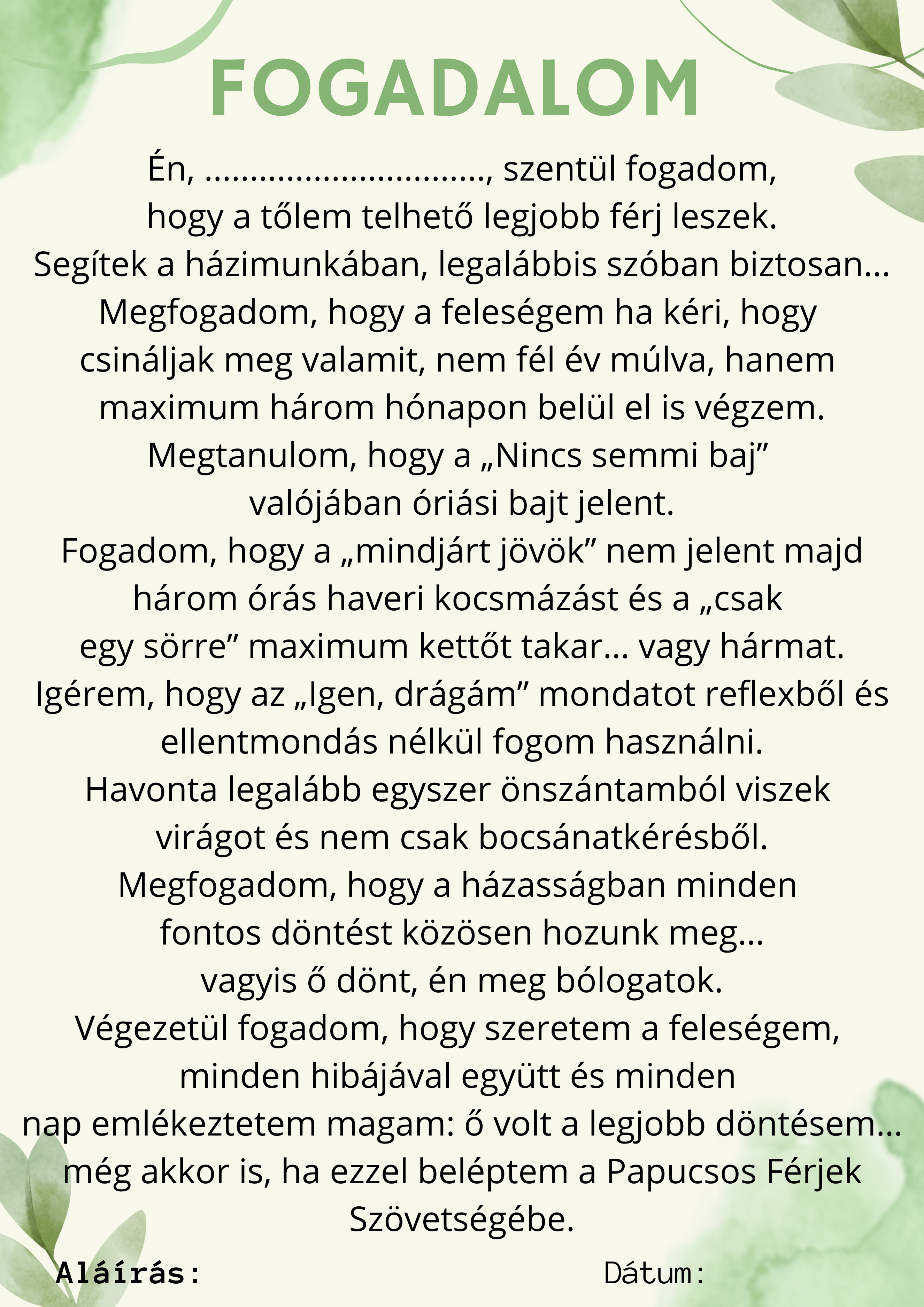 Fogadalom, oklevél stb. legénybúcsúra
