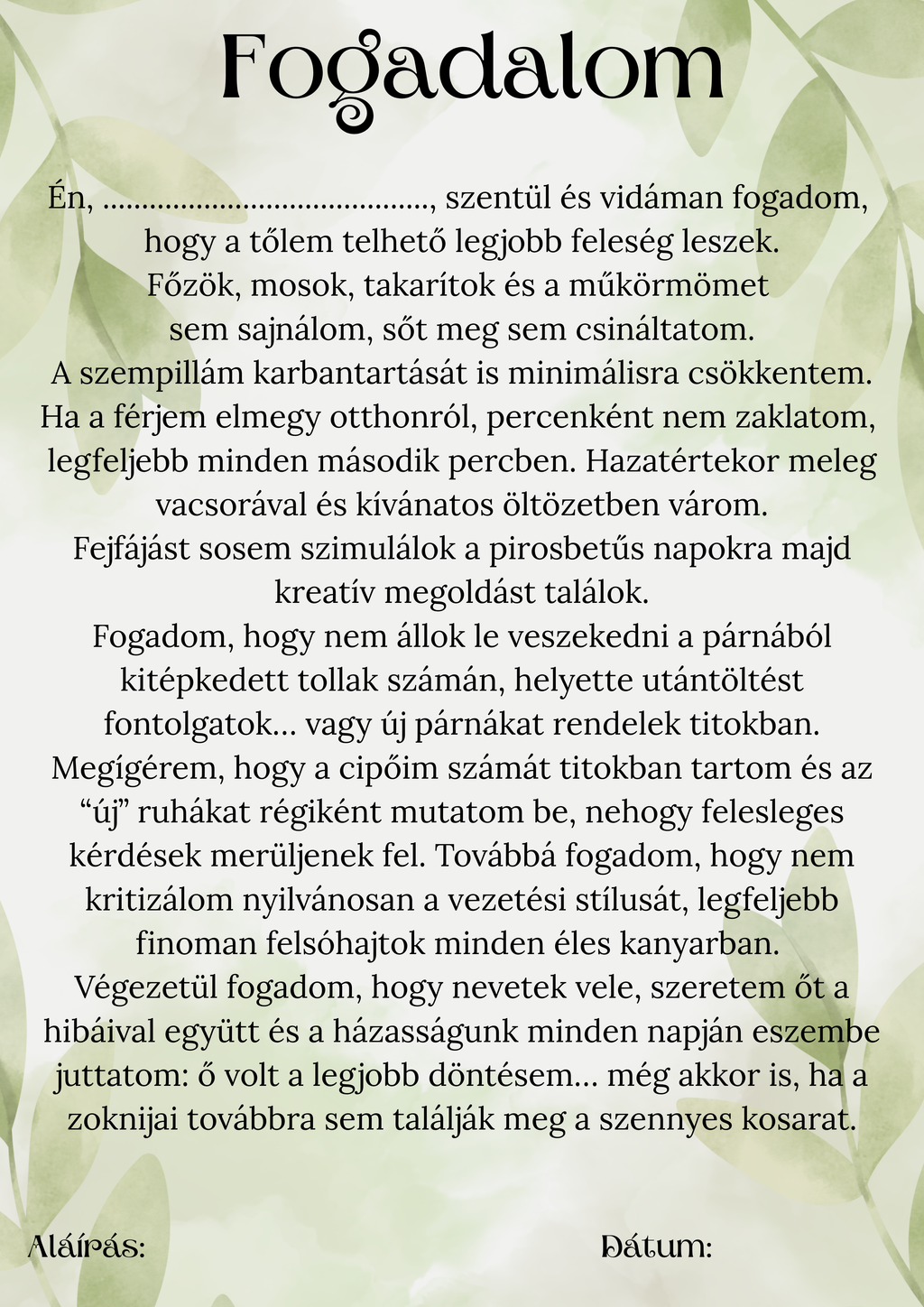 Fogadalom, oklevél stb. lánybúcsúra
