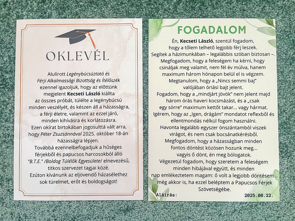 Fogadalom, oklevél stb. legénybúcsúra
