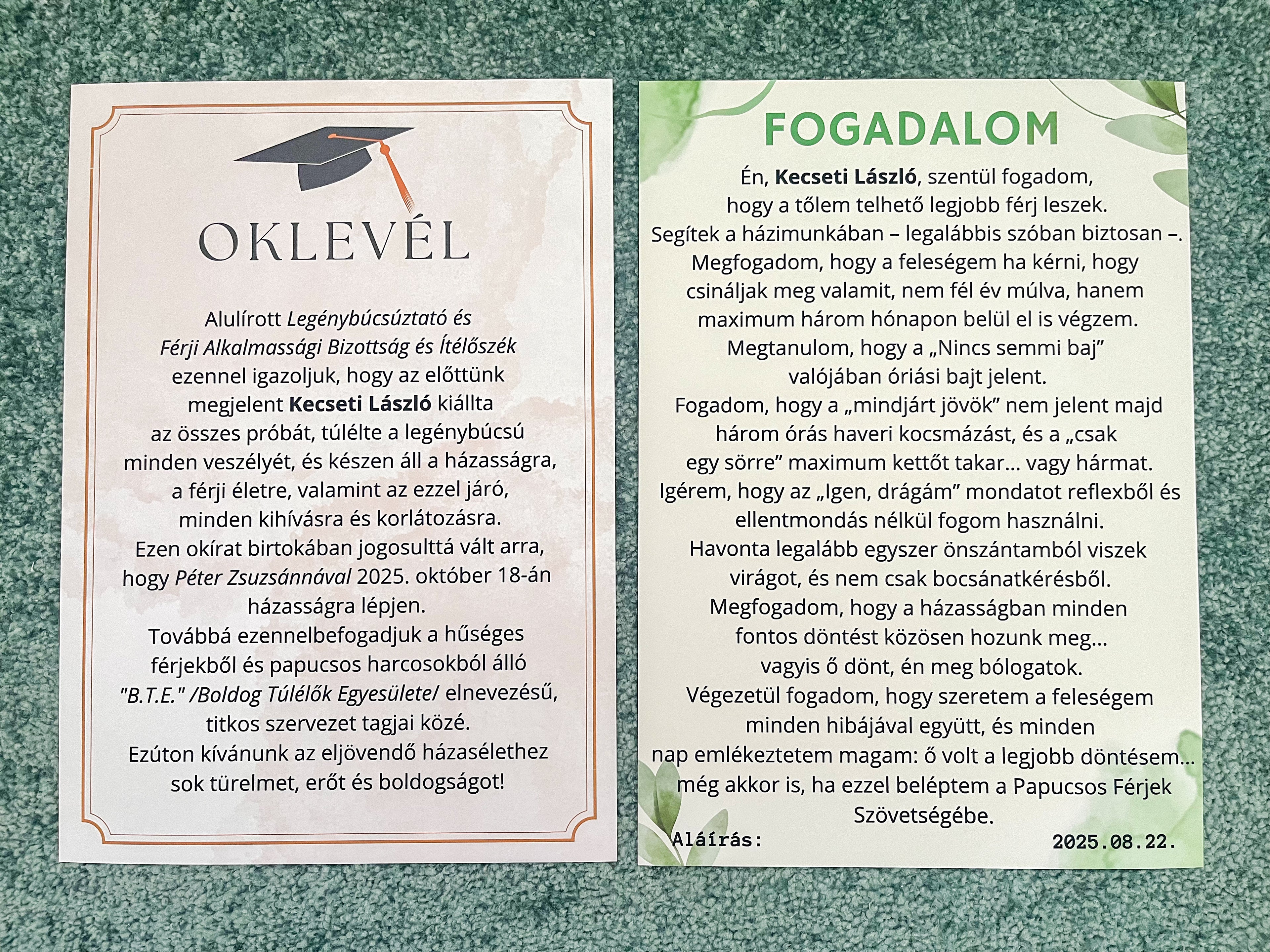 Fogadalom, oklevél stb. legénybúcsúra