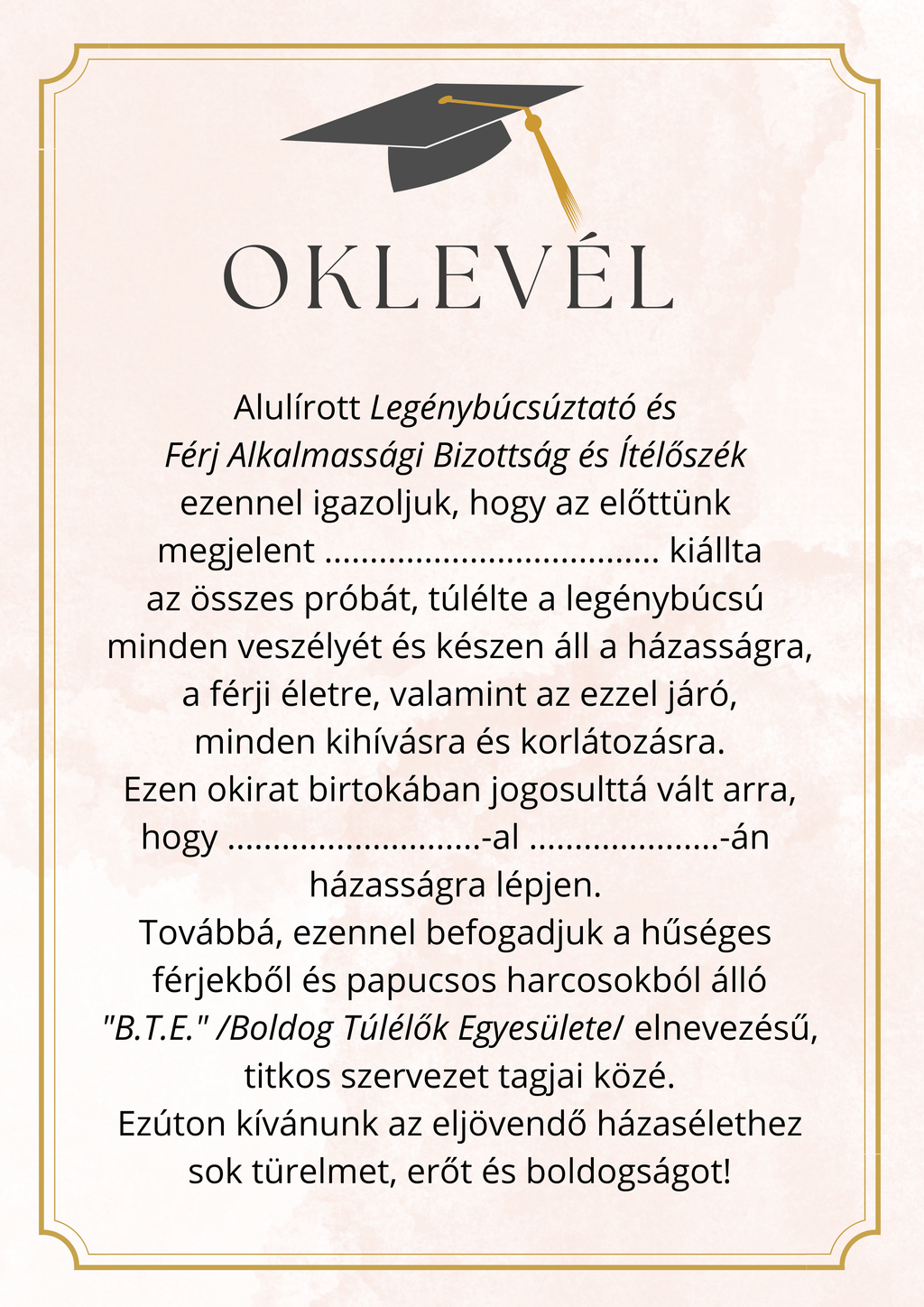 Fogadalom, oklevél stb. legénybúcsúra