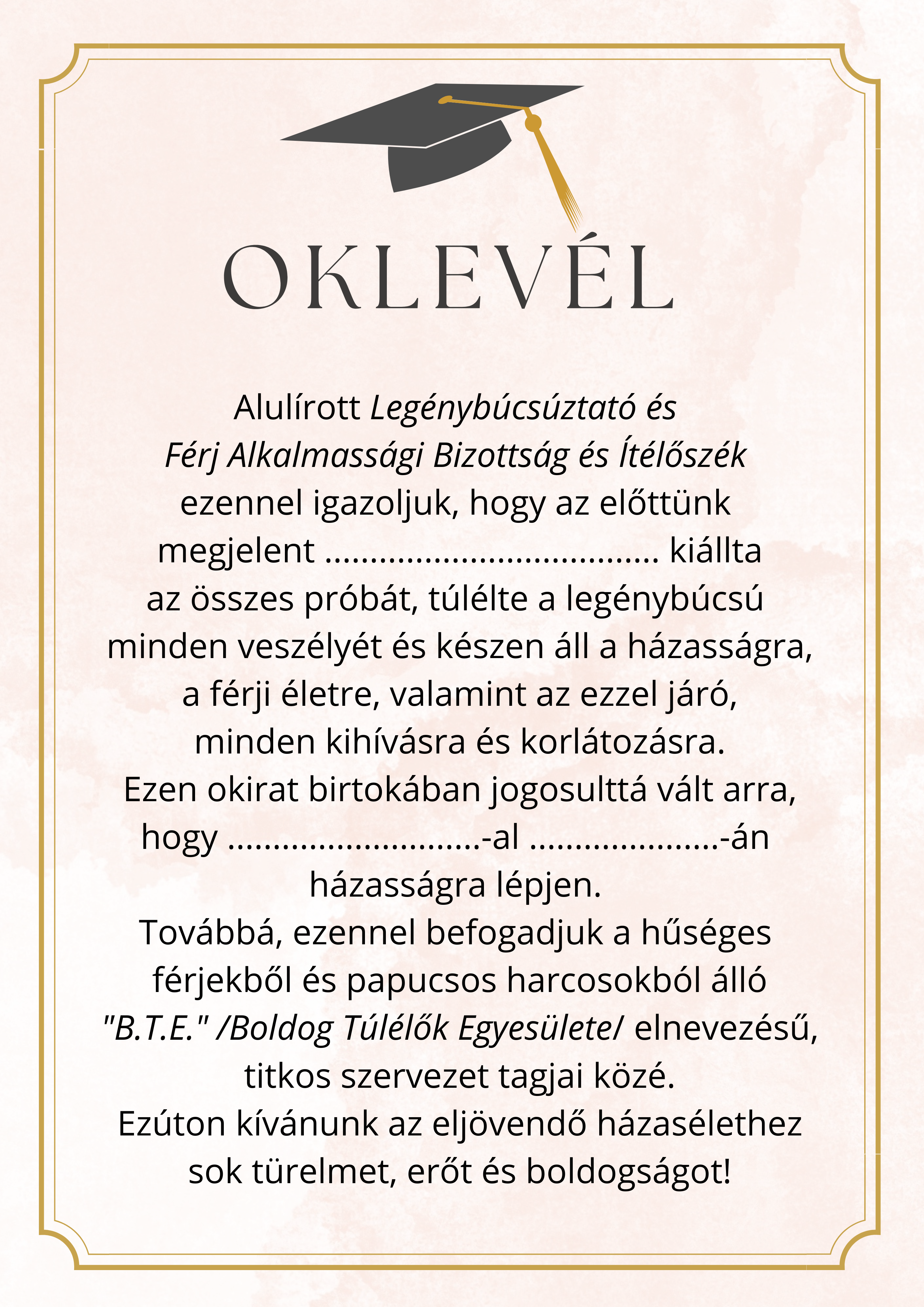 Fogadalom, oklevél stb. legénybúcsúra