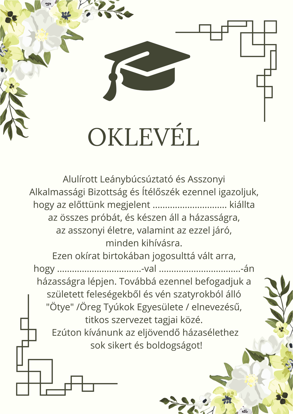 Fogadalom, oklevél stb. lánybúcsúra