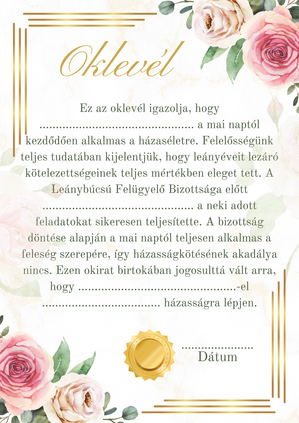 Fogadalom, oklevél stb. lánybúcsúra
