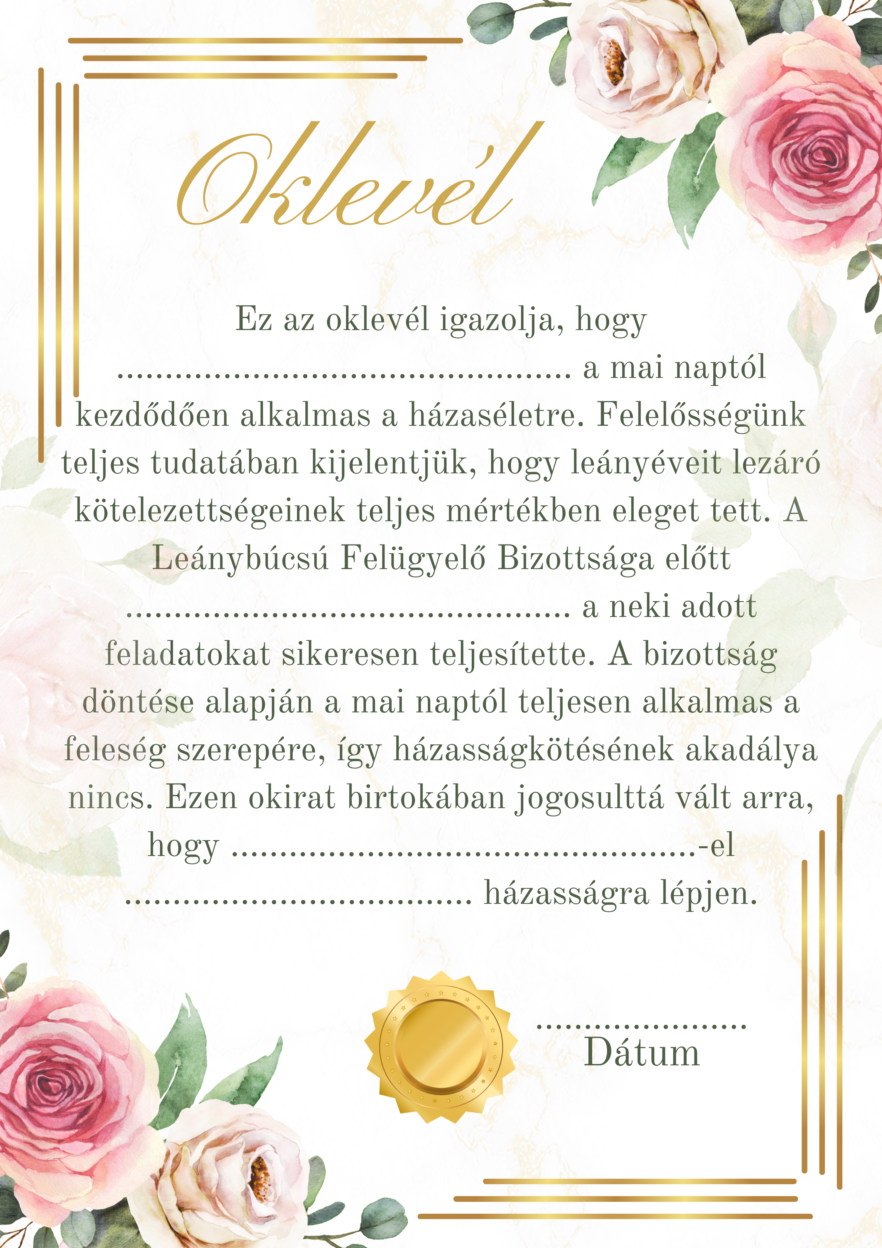 Fogadalom, oklevél stb. lánybúcsúra