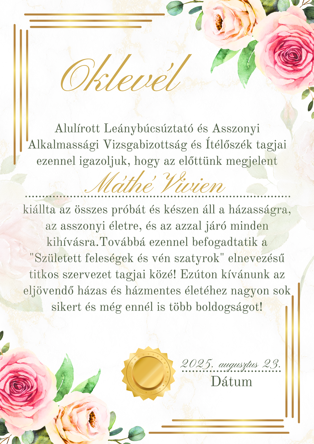 Fogadalom, oklevél stb. lánybúcsúra